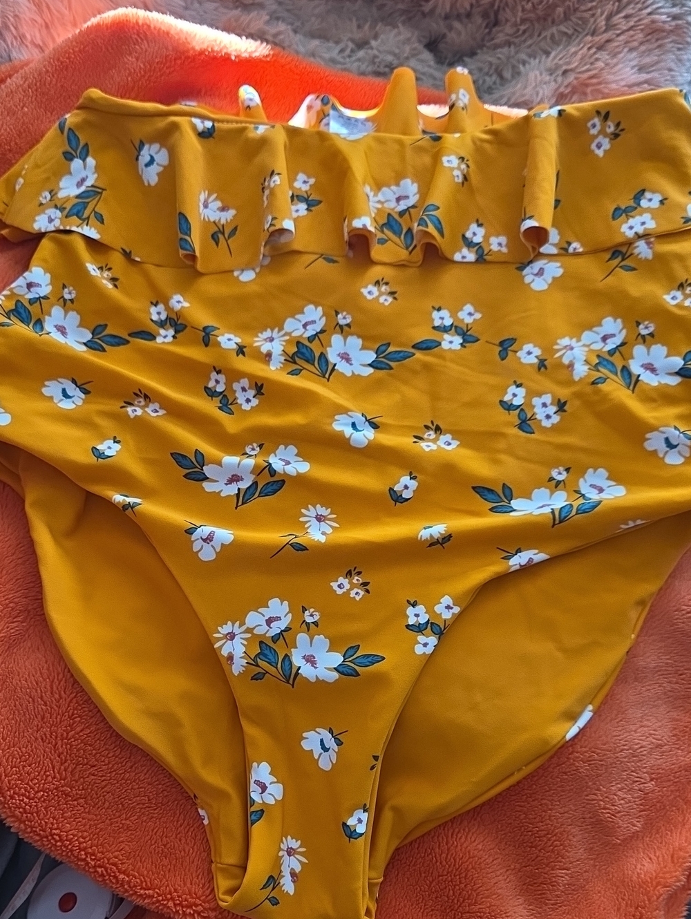 Golden Orange Floral Reversible High-Waist Ruffle Bikini Bottom